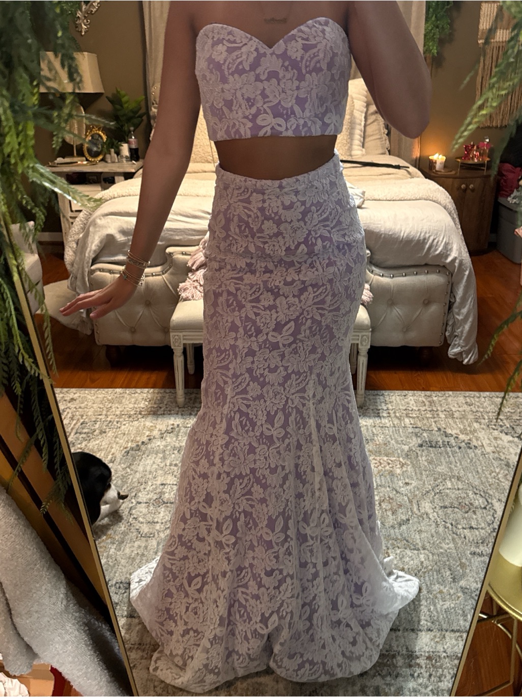 La Femme Lavender Lace Two-Piece Prom Gown